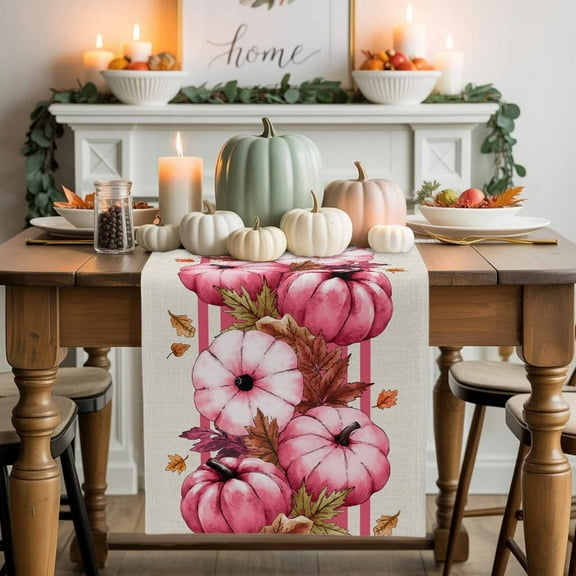 Pink Pumpkin Table Runner, Autumn Thanksgiving Kitchen Dining Table Decoration for Home Party Decor 13x72 Inches