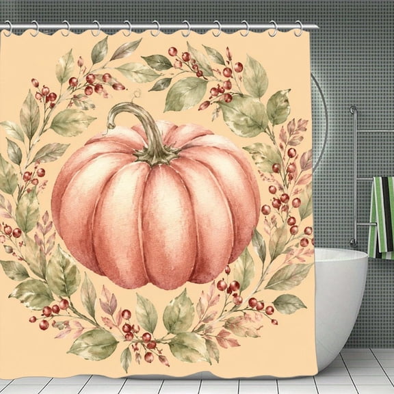 Pink Pumpkin Wreath Print Shower Curtain,Cloth Fabric Waterproof Polyester Bathroom Home Decor Set with Hooks 70.8×70.8Inch