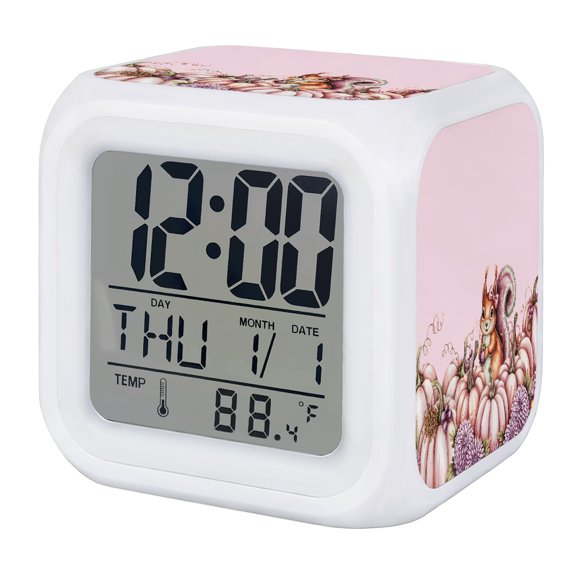 Pink Pumpkins Abstract Digital Alarm Clock for Bedrooms, Smart LED Alarm Clock with 7 Color Changing Night Light, Fall Squirrel Flowers Country Rustic Silent Wake Up Clocks for Sleep Study Cooking