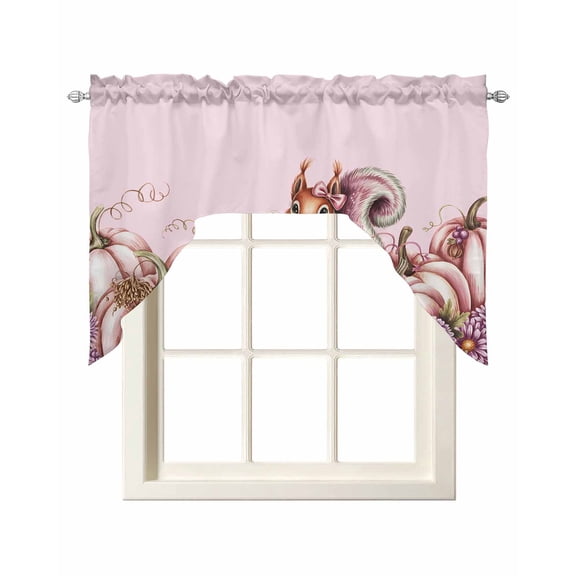 Pink Pumpkins Abstract Swag Curtains for Kitchen Fall Squirrel Flowers Country Rustic Valances for Windows Rod Pocket Small Window Treatment Short Topper for Cafe Bedroom Bathroom Decor 56x36 Inch