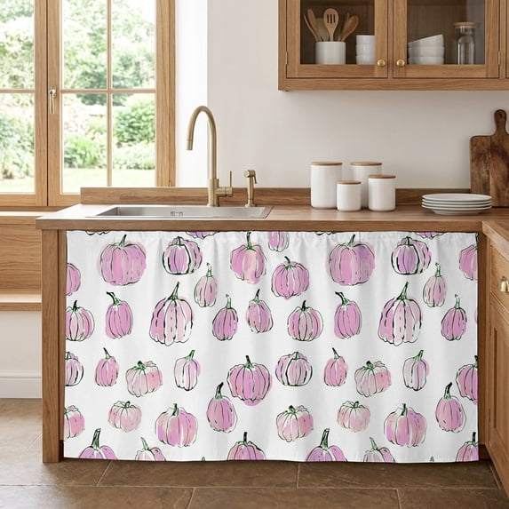 Pink Pumpkins Fall Cabinet Curtain 28"Wx51"L, Dustproof Storage Cabinet Curtain with Self Adhesive Tape, Watercolor Thanksgiving Tall Pantry Cover Drape for Kitchen, Laundry Room, Utility Closet