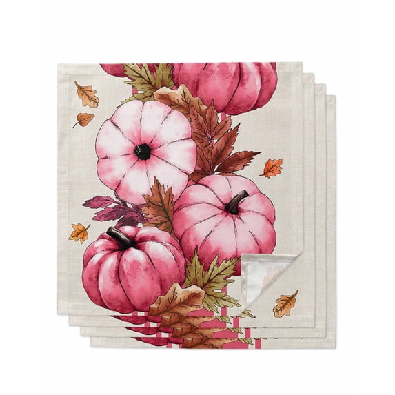 Pink Pumpkins Fall Cloth Napkins Set of 4 Reusable Dinner Napkins, Thanksgiving Botanical Leaves Beige Cocktail Napkin Washable Table Napkins for Wedding/Holiday Party/Baby Shower 20"x20"