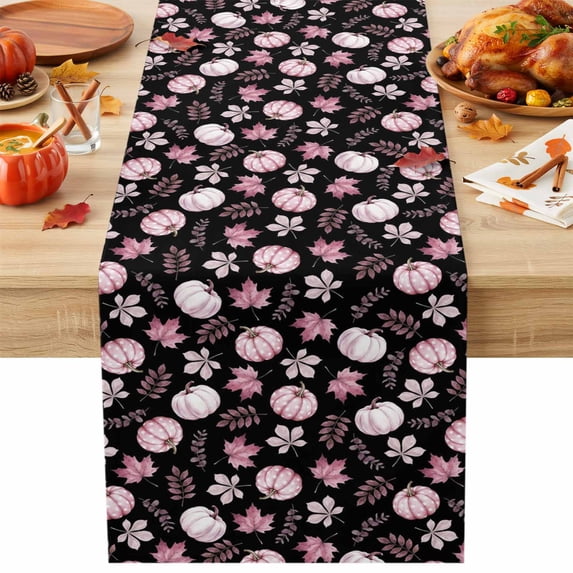 Pink Pumpkins Fall Cotton Linen Rectangle Table Runners 13"x48", Autumn Thanksgiving Botanical Black Coffee Table Runner Dresser Scarves Luxury Table Runners for Wedding Party Banquet Dinner Decor