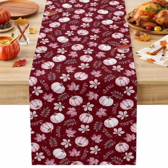 Pink Pumpkins Fall Cotton Linen Rectangle Table Runners 13"x48", Autumn Thanksgiving Botanical Blush Pink Coffee Table Runner Dresser Scarves Table Runners for Wedding Party Banquet Dinner Decor