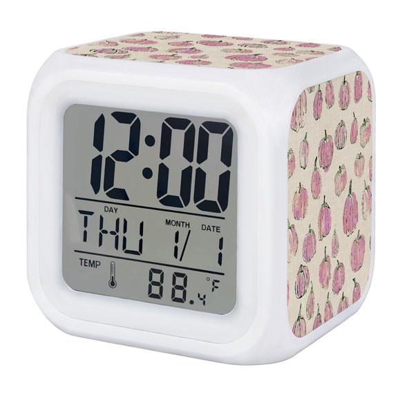 Pink Pumpkins Fall Digital Alarm Clock for Bedrooms, Smart LED Alarm Clock with 7 Color Changing Night Light, Rustic Watercolor Thanksgiving Silent Wake Up Clocks for Sleep Study Cooking 3.2"x3.2"