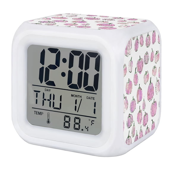 Pink Pumpkins Fall Digital Alarm Clock for Bedrooms, Smart LED Alarm Clock with 7 Color Changing Night Light, Watercolor Thanksgiving Silent Wake Up Clocks for Sleep Study Cooking 3.2"x3.2"