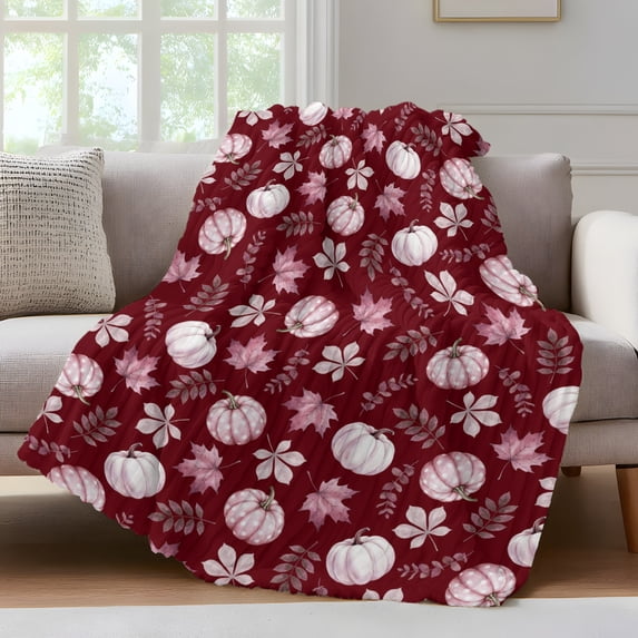 Pink Pumpkins Fall Fleece Throw Blanket for Couch, Autumn Thanksgiving Botanical Blush Pink Microfiber Flannel Blanket, Lightweight Soft Throw Blankets for Women, Girls, Adults, 50"x80"