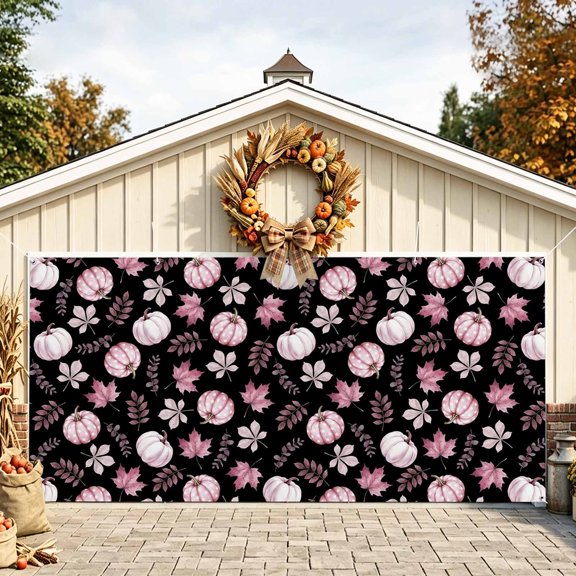 Pink Pumpkins Fall Garage Door Banner 6.9x8 Ft, Autumn Thanksgiving Botanical Black Outdoor Garage Door Cover for Holiday Party, Hanging Banner Backdrop Decoration Wall Decor Flag