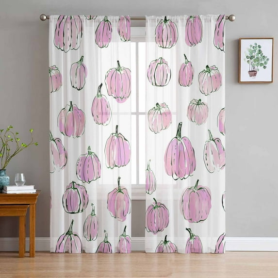 Pink Pumpkins Fall Semi Sheer Curtains 96 Inch Length 2 Panels Set, Watercolor Thanksgiving Sheer Kitchen Curtain Privacy Voile Window Curtain for Living Room Bedroom Rod Pocket Drapes