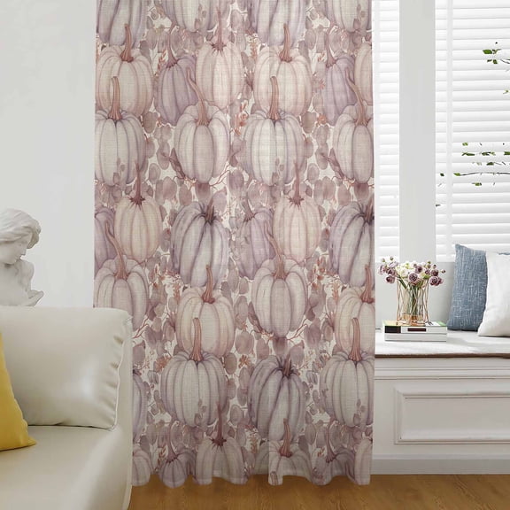 Pink Pumpkins Fall Semi Sheer Curtains Drapes for Living Room,Bedroom,French Doors Window 54 Inches Long,Thanksgiving Eucalyptus Leaves Rustic Rod Pocket Chiffon Curtain Drapery Voile Drape Panel