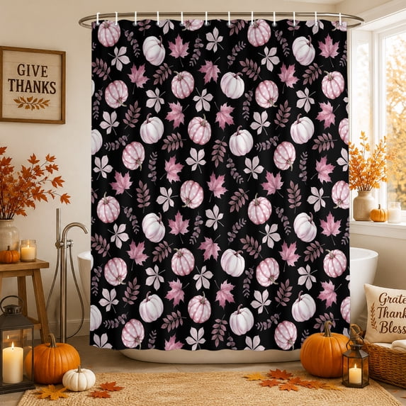 Pink Pumpkins Fall Shower Curtains for Bathroom, Autumn Thanksgiving Botanical Black Waterproof Fabric Shower Curtain, Decorative Bathroom Curtain for Bathtub, 72"x84", No Hooks Included