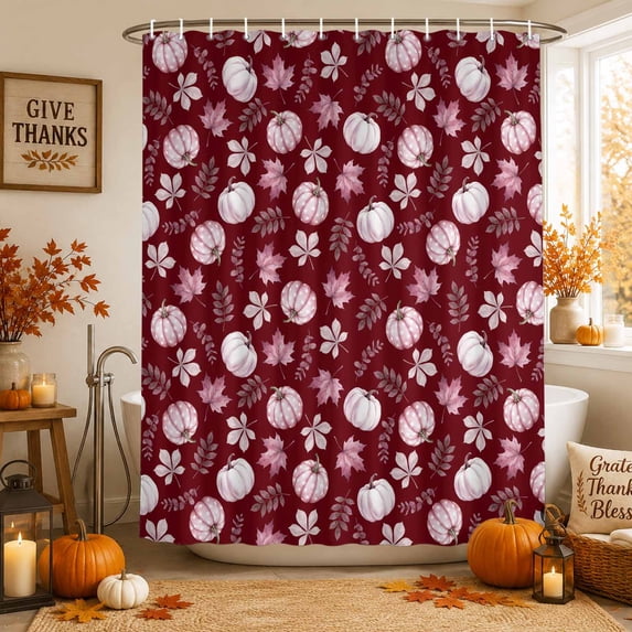 Pink Pumpkins Fall Shower Curtains for Bathroom, Autumn Thanksgiving Botanical Blush Pink Waterproof Fabric Shower Curtain, Decorative Bathroom Curtain for Bathtub, 72"x72", No Hooks Included