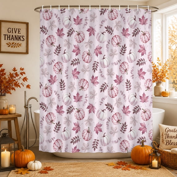 Pink Pumpkins Fall Shower Curtains for Bathroom, Autumn Thanksgiving Botanical Pink Waterproof Fabric Shower Curtain, Decorative Bathroom Curtain for Bathtub, 72"x84", No Hooks Included