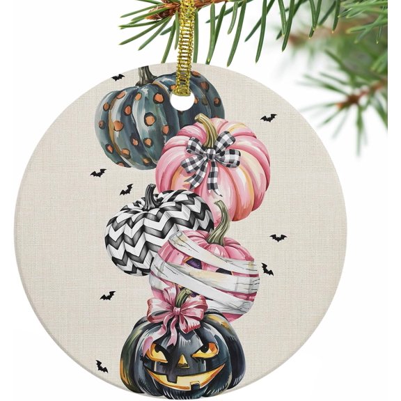 Pink Pumpkins Vintage Bat Fall Halloween 2026 Double-Sided Ceramic Ornament