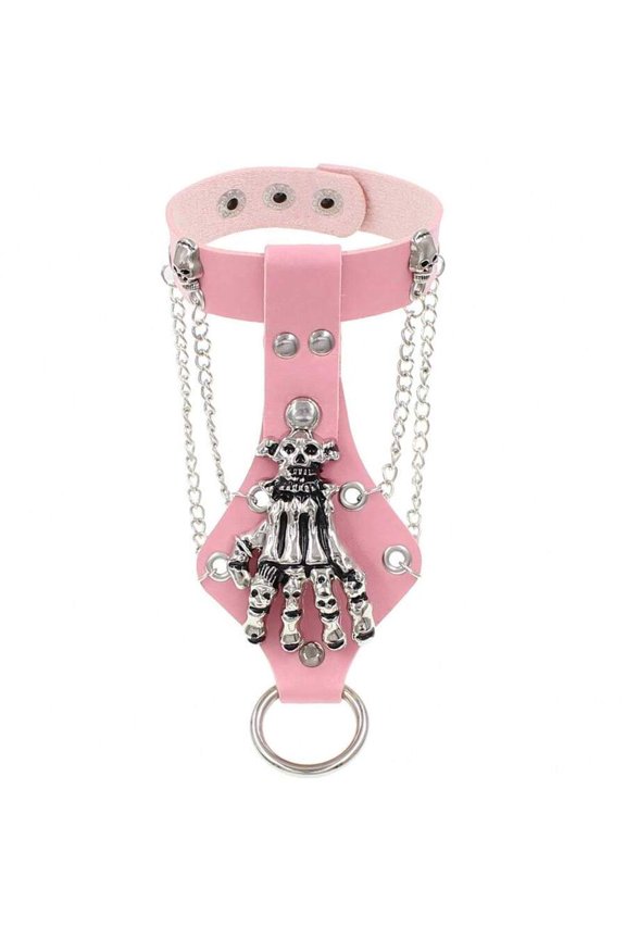 Pink Punk Gothic Skull Skeleton PU Leather Chain Bracelet With Silvertone