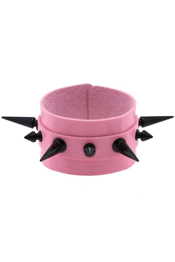 Pink Punk Leather Cuff Bracelet With Black Cone Spike Studs