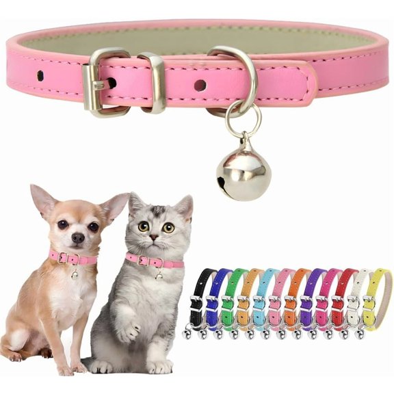 Pink Puppy Collar with Bell Girls PU Leather Small Dog Collars for Female Dogs Adjustable Buckle Kitten Cat Collar with Bells for XXS XS Tiny Little Extra Small Breed Female Pets Like Chihuahua, S