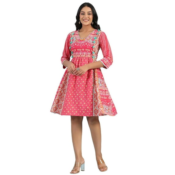 Juniper Pink Pure Cotton Floral Printed Panelled Short Dress