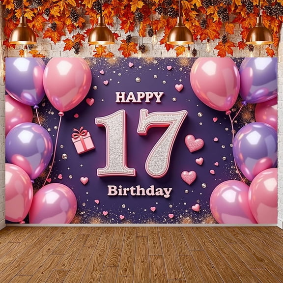 Pink Purple 17th Birthday Banner Heart Decor Display Balloon Design Glitter Accents Sweet 17 Backdrop for 17th Birthday Party Teen Celebration Girls' Birthday