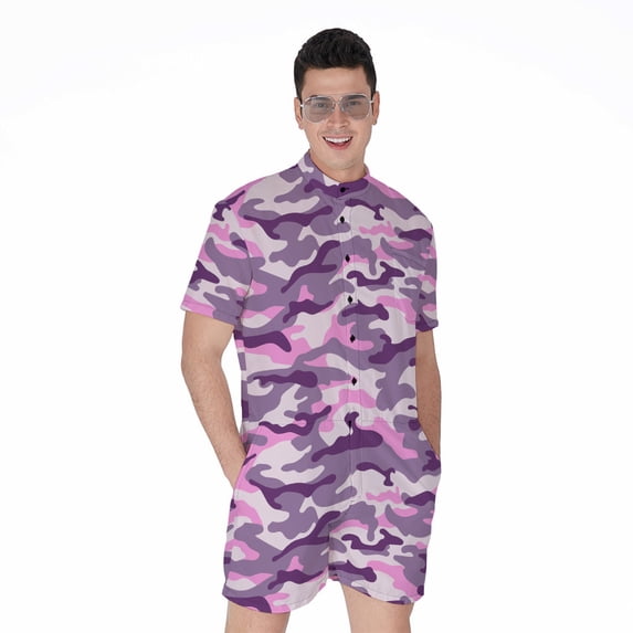 Pink Purple And Grey Camouflage Short Sleeve Men'S Rompers Casual Summer Jumpsuits Outfit