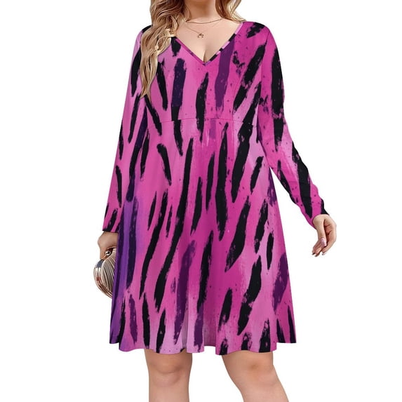 Pink Purple Animal Print Long Sleeve Dresses For Women Vintage Elegant Party Dress Oversized V-neck Dress S-8XL