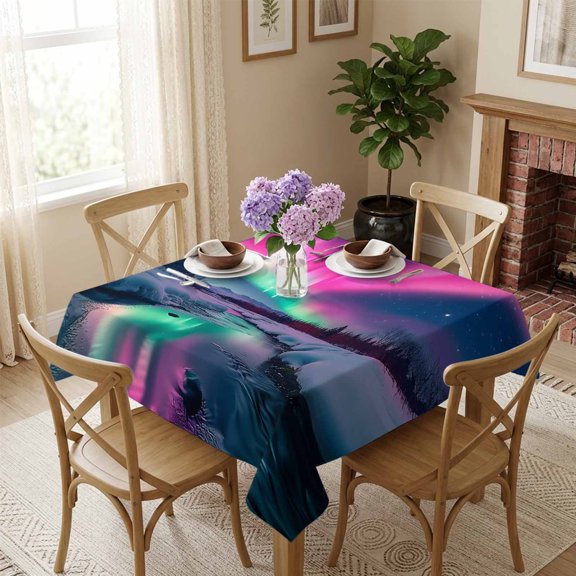 Pink Purple Aurora Square Tablecloth 54x54 Inch Lake Snow Waterproof Polyester Tablecloth for Dining Table, Washable Table Cover for Kitchen Dining Room Wedding Decoration,Stain Resistant