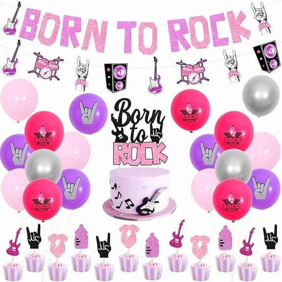 Pink Purple Baby Shower Decorations for Girls - Born to Rock Banner Cake Topper, Rock and Roll Garland Cake Topper, Rocker Printed Balloons, Music Themed Baby Shower Party Supplies