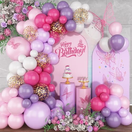 Pink and Purple Balloon Garland Arch Kit, Butterfly Balloon Arch Kit with Hot Pink Purple Gold Confetti Balloons for Bridal Shower Wedding Butterfly Birthday Party Decoration