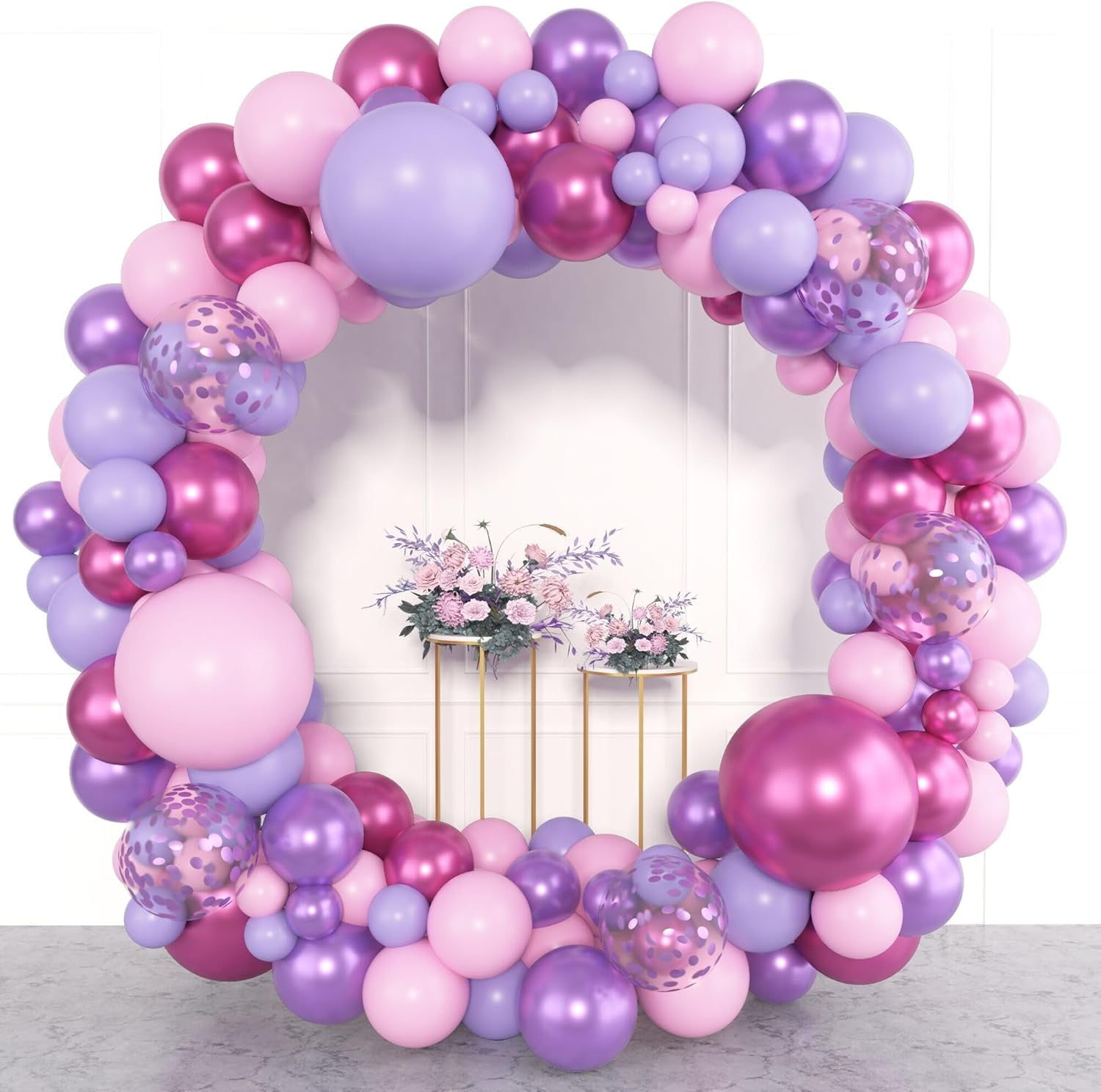 Pink Purple Balloon Garland Arch Kit, Latex Metallic Confetti Balloons for Party Decoration
