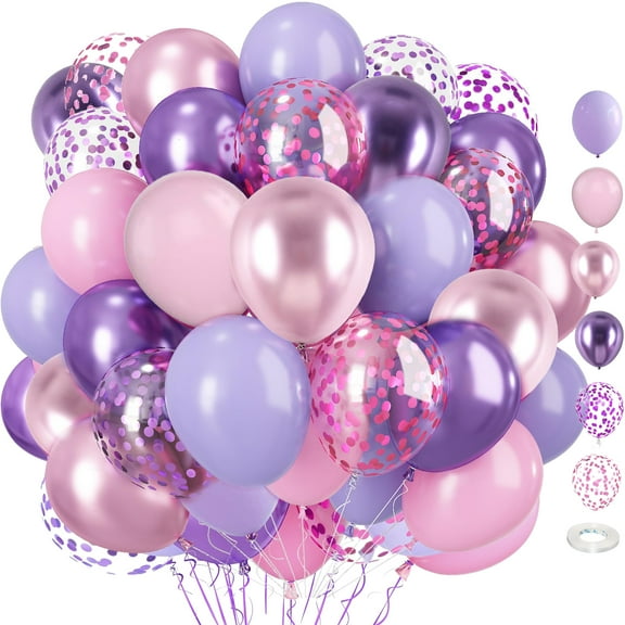 Pink and Purple Balloons,35Pcs 12 Inch Purple Pink Metallic Confetti Balloons with Ribbon for Girls Women Birthday Brida Shower Wedding Party Decorations