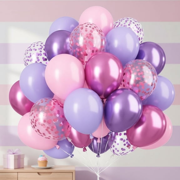 Pink and Purple Balloons, 50PCS 12 Inch Confetti Balloons, Metallic Purple Pink Latex Balloons with Ribbon, Party Balloons for Birthday Shower Wedding Party Decorations