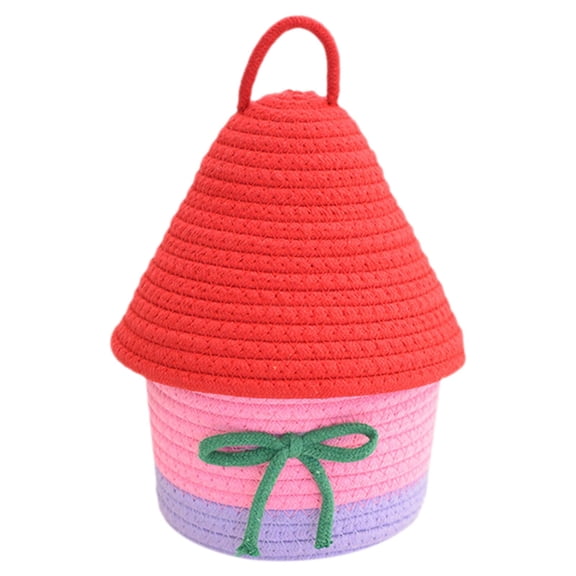 Pink Purple Base Red Lid House Storage Bucket, Fabric Box for Small Items, Cotton