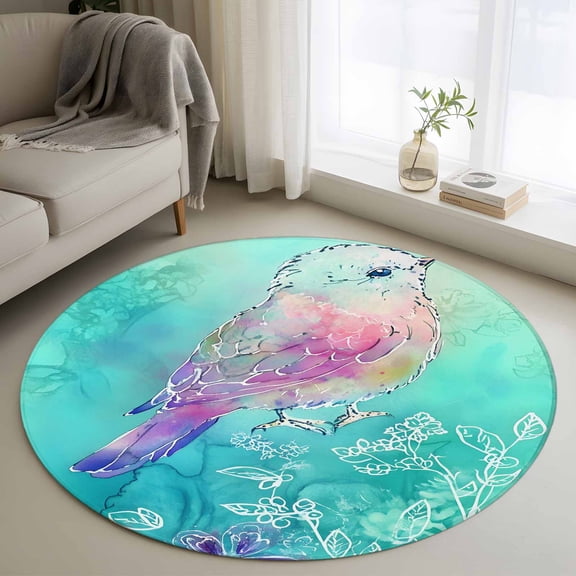Pink Purple Birds Round Rug 3ft Washable Circle Entryway Rugs Non Slip Botanical Watercolor Leaf Floral Plant Area Rug Indoor Floor Carpet for Bedroom Kitchen Living Room Office Dining Room Nursery