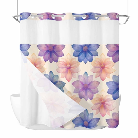 Pink Purple Blue Spring Floral No Hook Shower Curtain Waterproof,Bathroom Curtains with Snap in Liners and See Through Top Window,Watercolor Summer Botanical Hotel Bathtub Curtains Shower 72"Wx78"L
