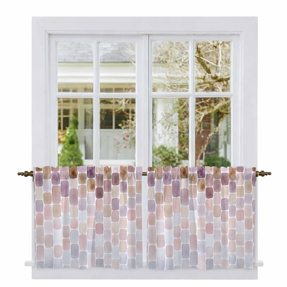 Pink Purple Brown Geometric Tier Curtains 36 Inch Length, Modern Abstract Ombre Cafe Short Curtains for Bathroom Over Sink, Small Kitchen Curtain Light Filtering Tiered Drapes 2 Panels 27.5"Wx36"L