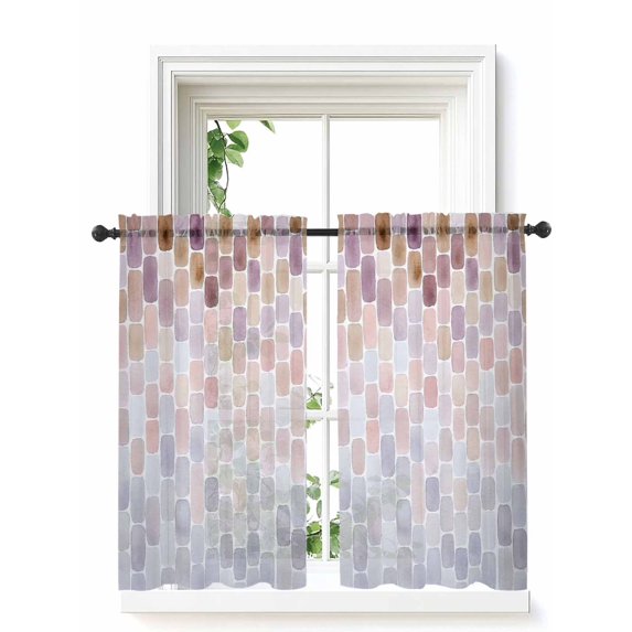 Pink Purple Brown Geometric Tier Curtains 45 Inch Length,Sheer Curtains for Bedroom Living Room Window Modern Abstract Ombre Rod Pocket Drapes Kitchen Curtains Small Half Window 27.5"x45" 2 Panels