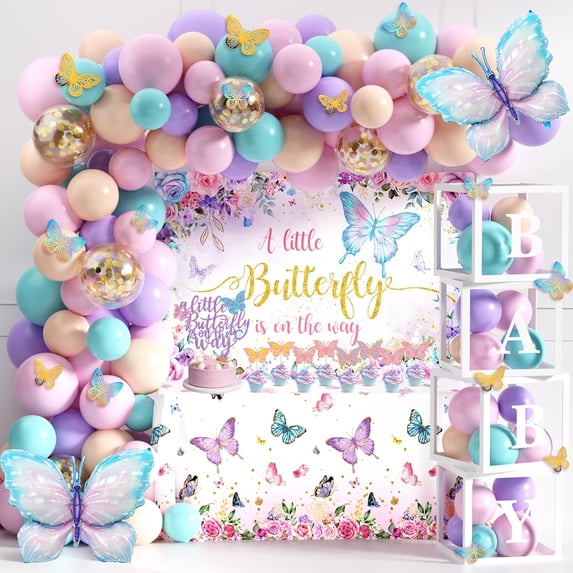 Pink Purple Butterfly Baby Shower Decorations Set with Backdrop ...