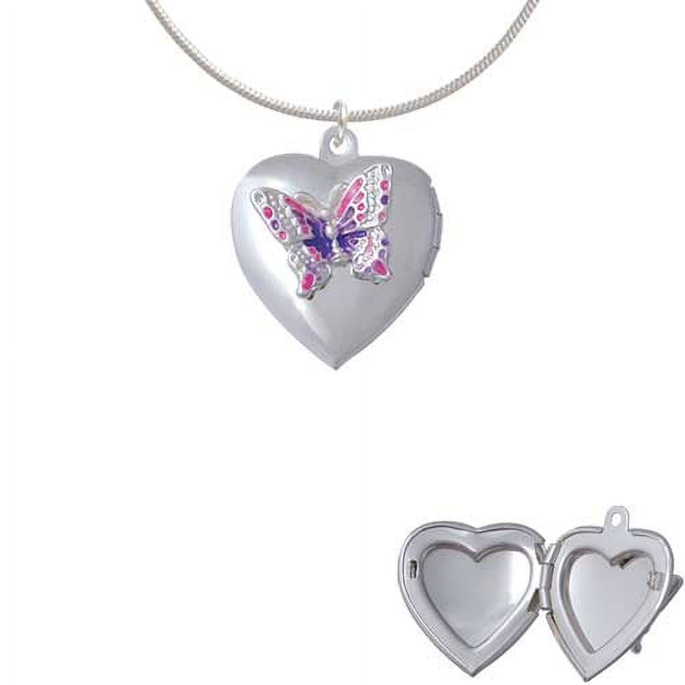 Pink & Purple Butterfly Locket Charm Necklace, 18"+2" Extender