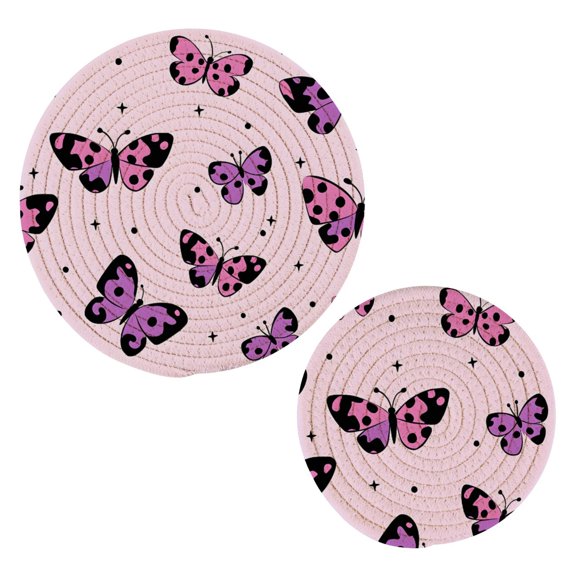 Pink Purple Butterfly Pattern Cotton Trivets Potholders Set of 2 Handmade Heat Resistant Non Slip Absorbent