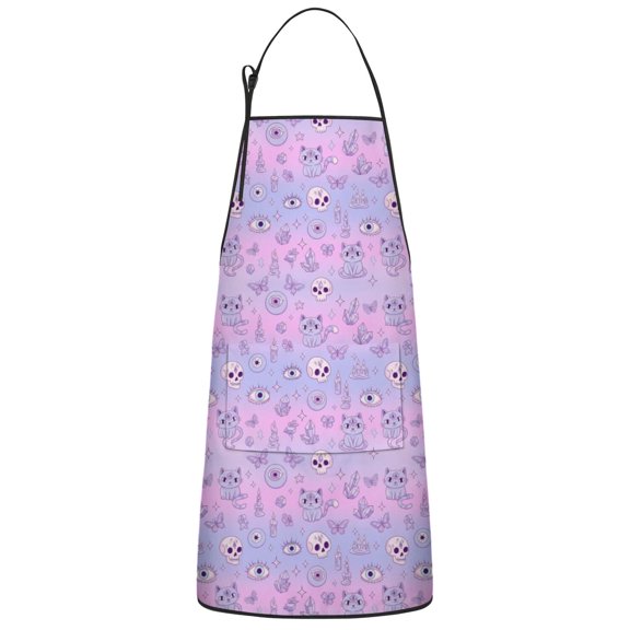 Pink Purple Cat Eye Skull Butterfly Pattern Apron-Garden Aprons for Women with Pockets-Cotton Linen Waterproof Kitchen Cooking Gardening Aprons Adjustable for Kitchen,Cooking,BBQ and Salon 33x27 Inch
