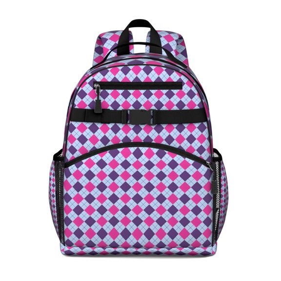 Pink Purple Checkered Pattern Backpack for School,Cute School Bag,Schoolbag with Adjustable Shoulder Straps & Padded Back,15.25"x11.5"x5.25"