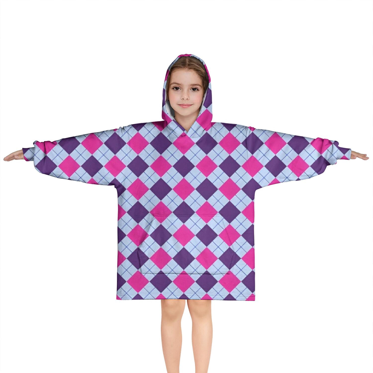 Pink Purple Checkered Pattern Blanket Hoodies for Kids 6-13YR Oversize Wearable Blanket Hoodies for Boys Girls Teens