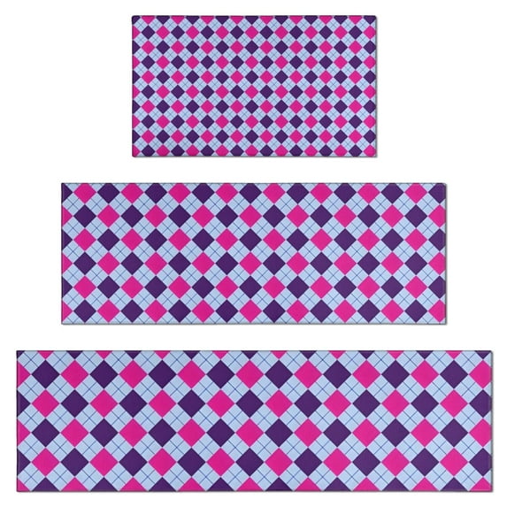 Pink Purple Checkered Pattern Kitchen Rugs Sets Of 3,Kitchen Runner Rugs Non Skid Washable,Decorative Kitchen Floor Mats for Kitchen,Sink,Laundry,17"x30"+ 17"x47" + 17"x59"