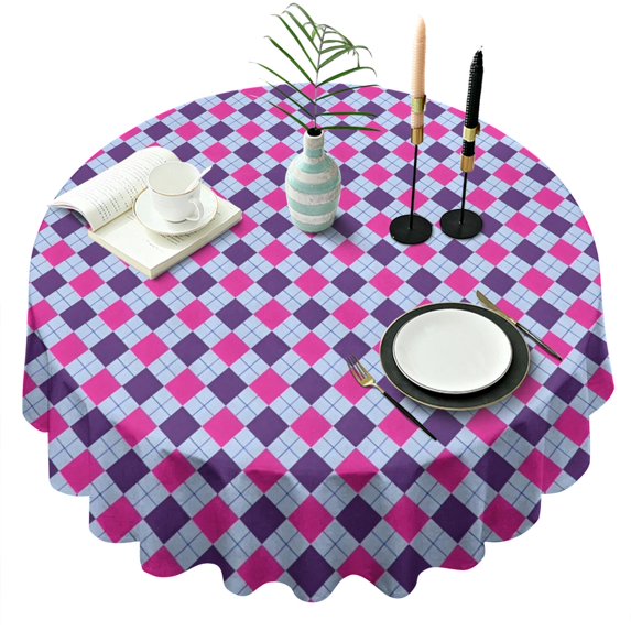 Pink Purple Checkered Pattern Round Tablecloth 60"x60",Wrinkle Wipeable Table Cloth for Kitchen Dining Room Picnic Patio Party