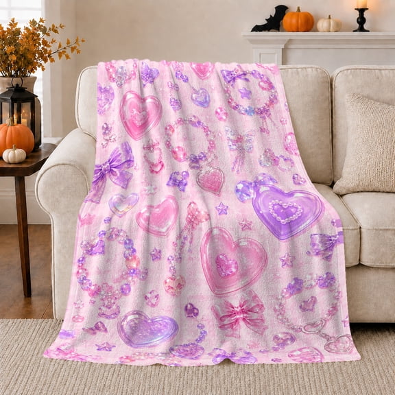 Pink Purple Coquette Heart Butterfly Bow Flannel Blanket, Cozy Sofa Throw for Teen Girls and Kawaii Style Fans, Warm Bedroom Reading Nook Home Decor, Valentine's Day Gift