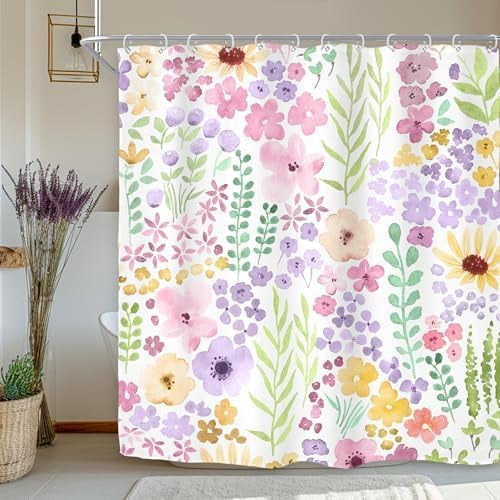 Pink Purple Cute Floral Shower Curtain for Bathroom Decor 72Wx72H Boho Spring Kids Girls Wildflower Watercolor Plant Botanical Art Printed Fabric Polyester Waterproof 12 Pack Plastic Hooks
