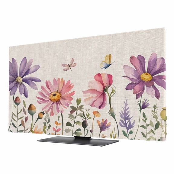 Pink Purple Daisy TV Dust Cover 24 Inch, Butterfly Watercolor Floral Farmhouse Retro Computer Monitor Cover Dustproof Stretchable Indoor TV Screen Protector for LED LCD Universal Monitors
