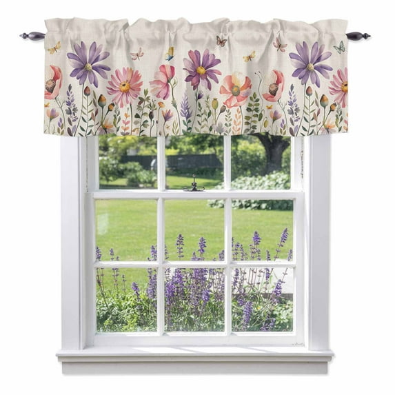 Pink Purple Daisy Valance Curtain Butterfly Watercolor Floral Window Valances Rod Pocket Short Curtains Window Treatments for Kitchen Bedroom Bathroom Laundry 60" x 18"