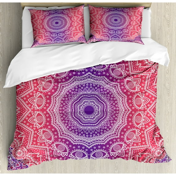 Pink and Purple Duvet Cover Set, Vintage Art in Mandala Print Ombre Myriad Realms Geometry Design, Decorative 3 Piece Bedding Set with 2 Pillow Shams, Queen Size, Violet Hot Pink, by Ambesonne