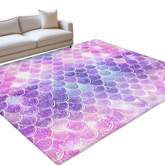 Pink Purple Fish Scales 6x9ft Non Slip Area Rug Dreamy Pink Purple Gradient Shiny Mermaid Scale Washable Soft Area Rugs for Living Room, Indoor Circle Carpet for Bedroom Dining Room Kitchen